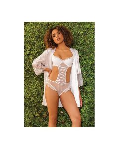 Stretch Mesh Ruffled Crotchless Teddy White